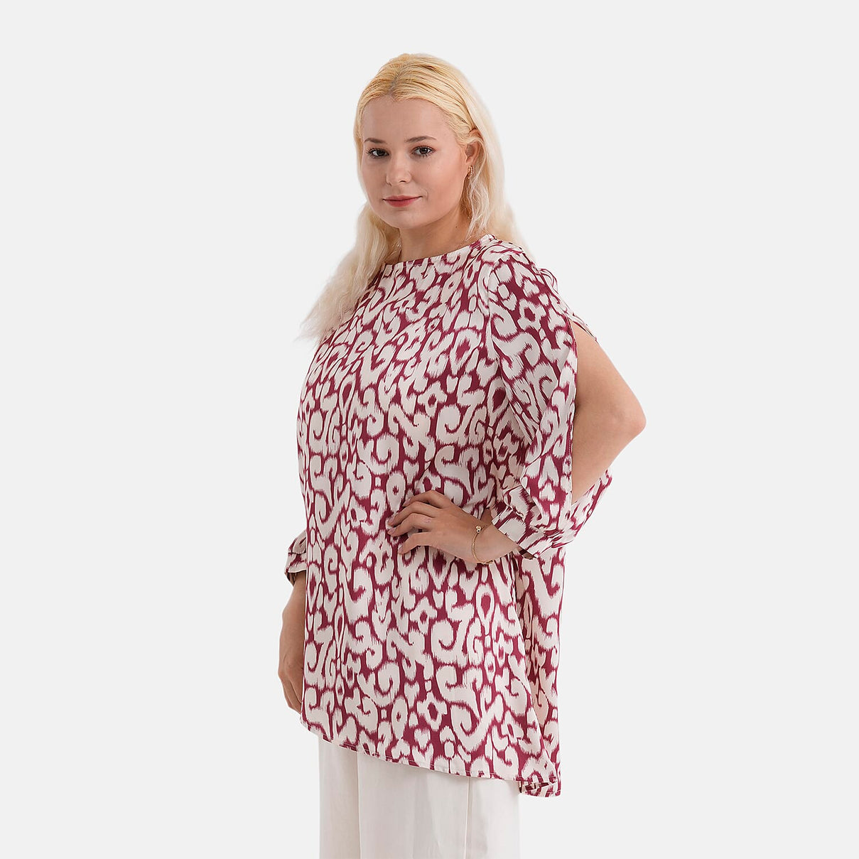 La Marey Silk-Feeling Asymmetrical Hem Printed Top (Size - L-XL, 16 to 22) - Burgundy &amp; Off-White 8414799 5