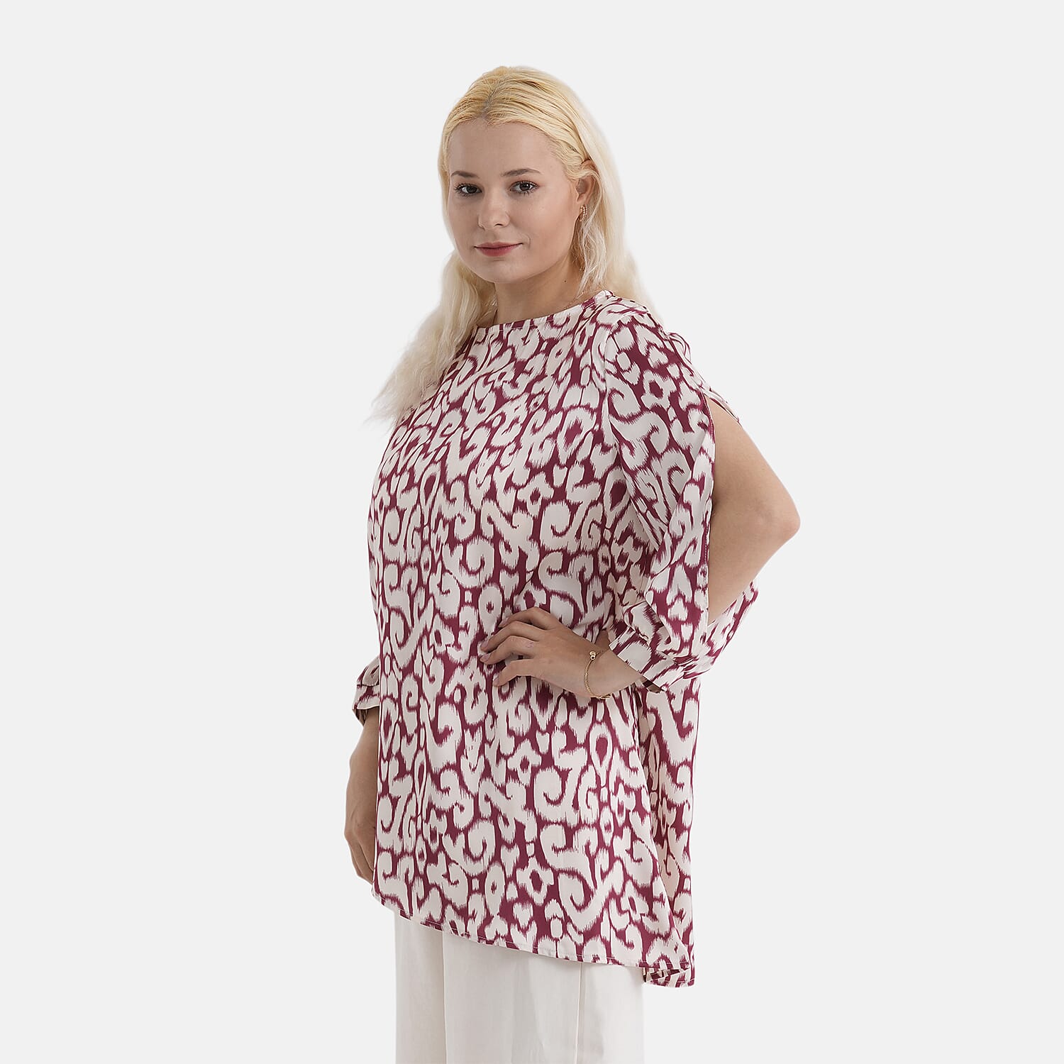 La Marey Silk-Feeling Asymmetrical Hem Printed Top (Size - L-XL, 16 to 22) - Burgundy &amp; Off-White 8414799 5