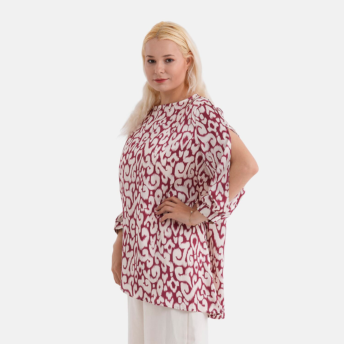 La Marey Silk-Feeling Asymmetrical Hem Printed Top (Size - S/M, 8 to 14) - Burgundy &amp; Off-White V32530123 5
