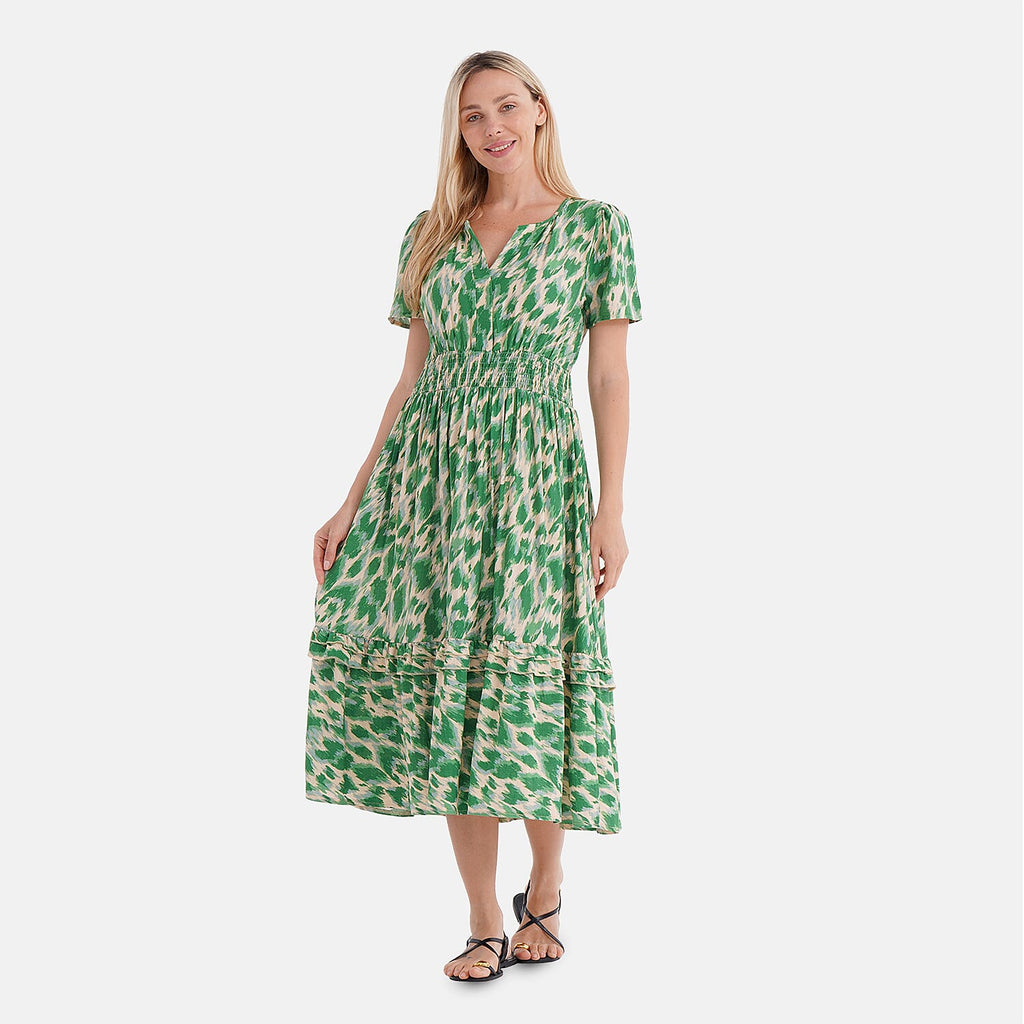 La Marey Womens Abstract Art Printe Midi Summer Dress (Size 16 to 18) - White & Green