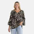 La Marey Bell Sleeves Leopard Print Blouse (Size - 12 to 14) - Brown & Dark Ivory