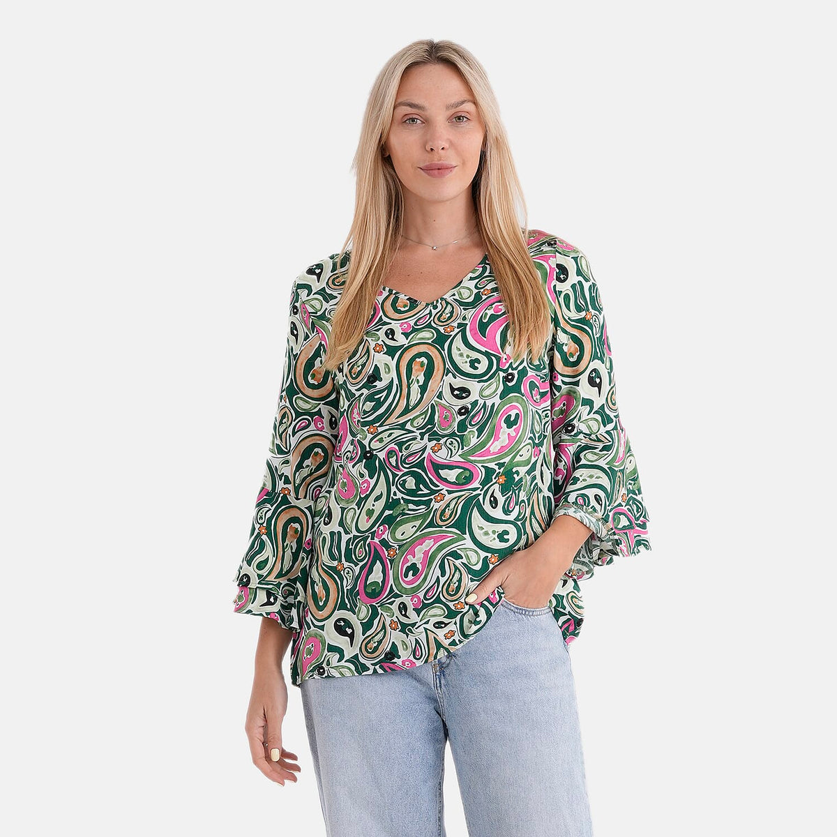 La Marey Round-Neck Flared Sleeve Printed Top (Size 12 to 14) - Multicolour V32521306 0