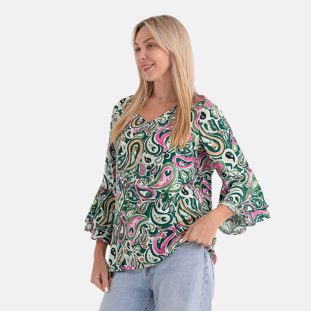 La Marey Round-Neck Flared Sleeve Printed Top (Size 12 to 14) - Multicolour V32521306 4