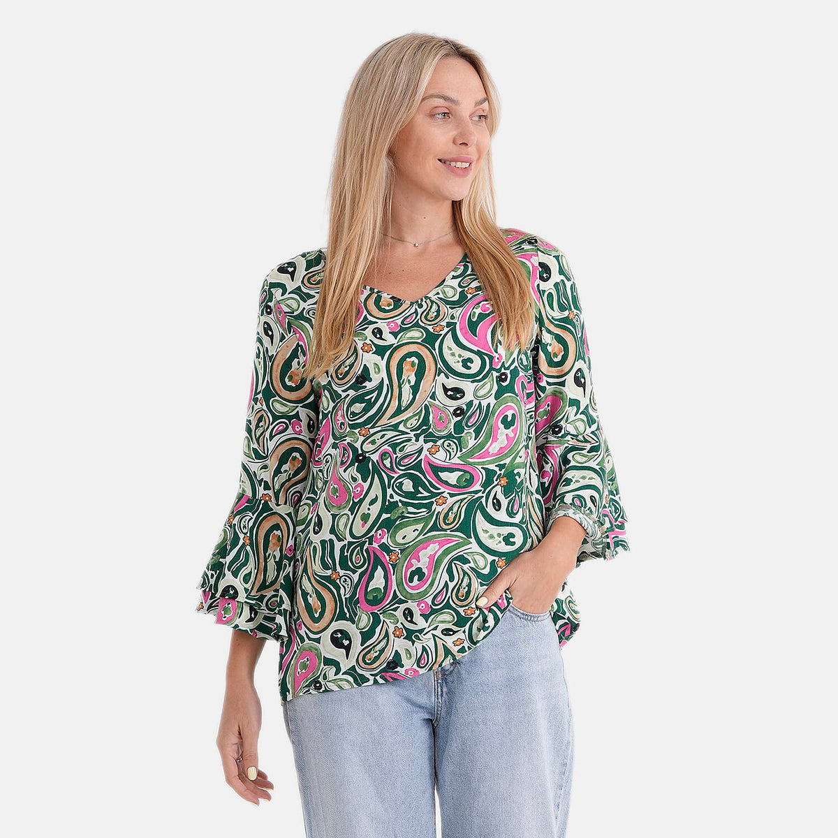 La Marey Round-Neck Flared Sleeve Printed Top (Size 12 to 14) - Multicolour V32521306 5