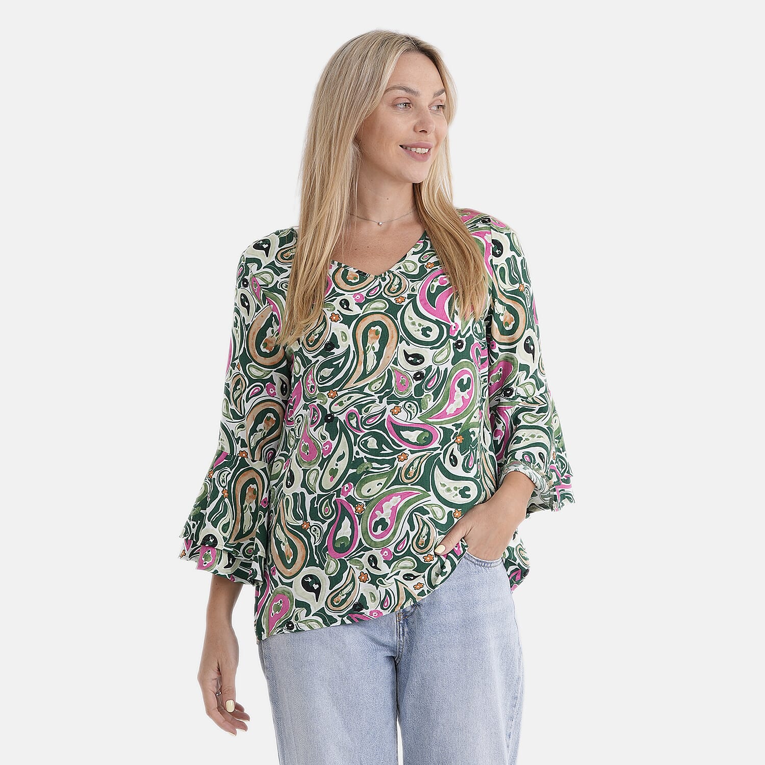 La Marey Round-Neck Flared Sleeve Printed Top (Size 12 to 14) - Multicolour V32521306 5