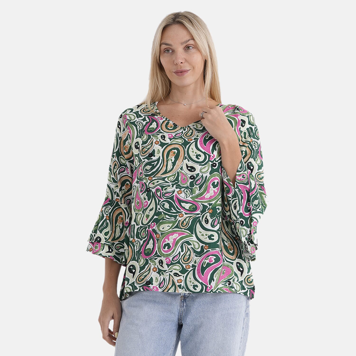La Marey Round-Neck Flared Sleeve Printed Top (Size 12 to 14) - Multicolour V32521306 6