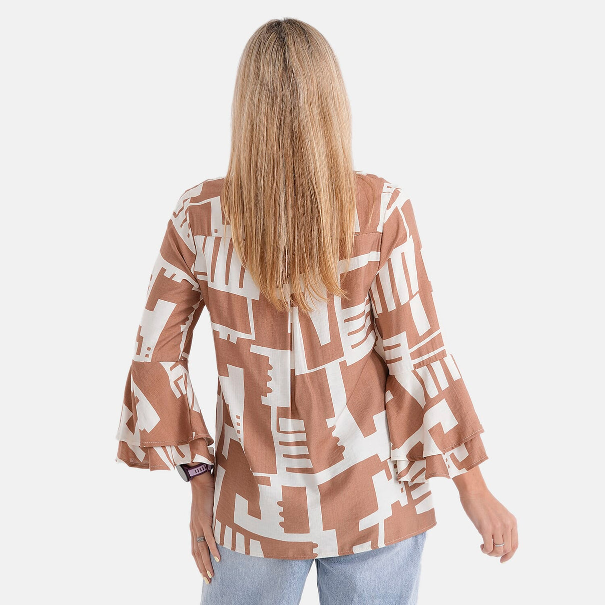 La Marey Round-Neck Flared Sleeve Printed Top (Size 12 to 14) - Light Brown &amp; White V32515048 3