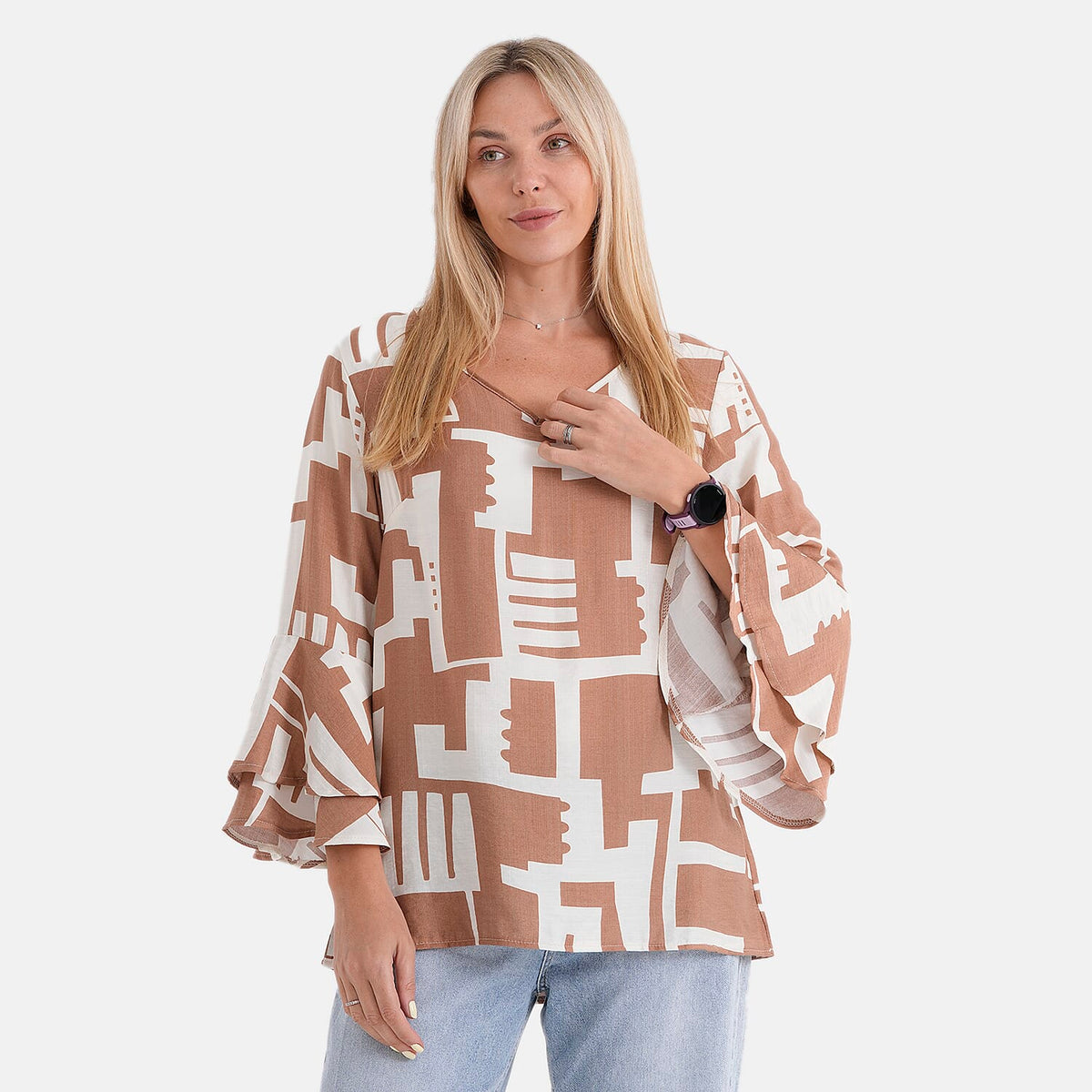 La Marey Round-Neck Flared Sleeve Printed Top (Size 12 to 14) - Light Brown &amp; White V32515048 6