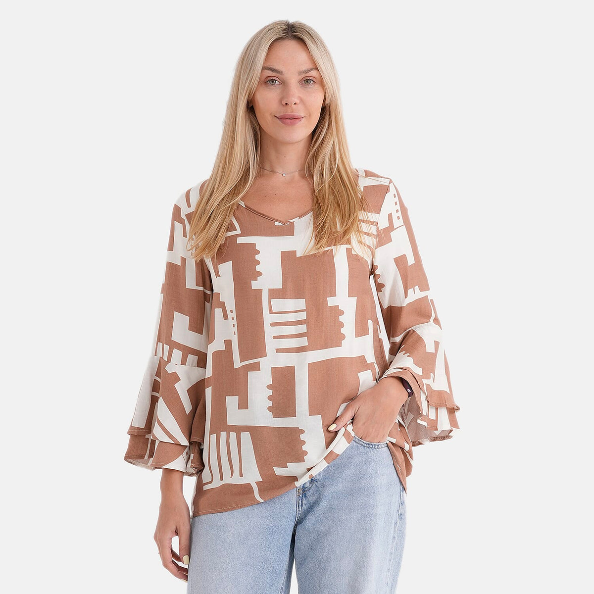 La Marey Round-Neck Flared Sleeve Printed Top (Size 20 to 22) - Light Brown &amp; White V32613755 0