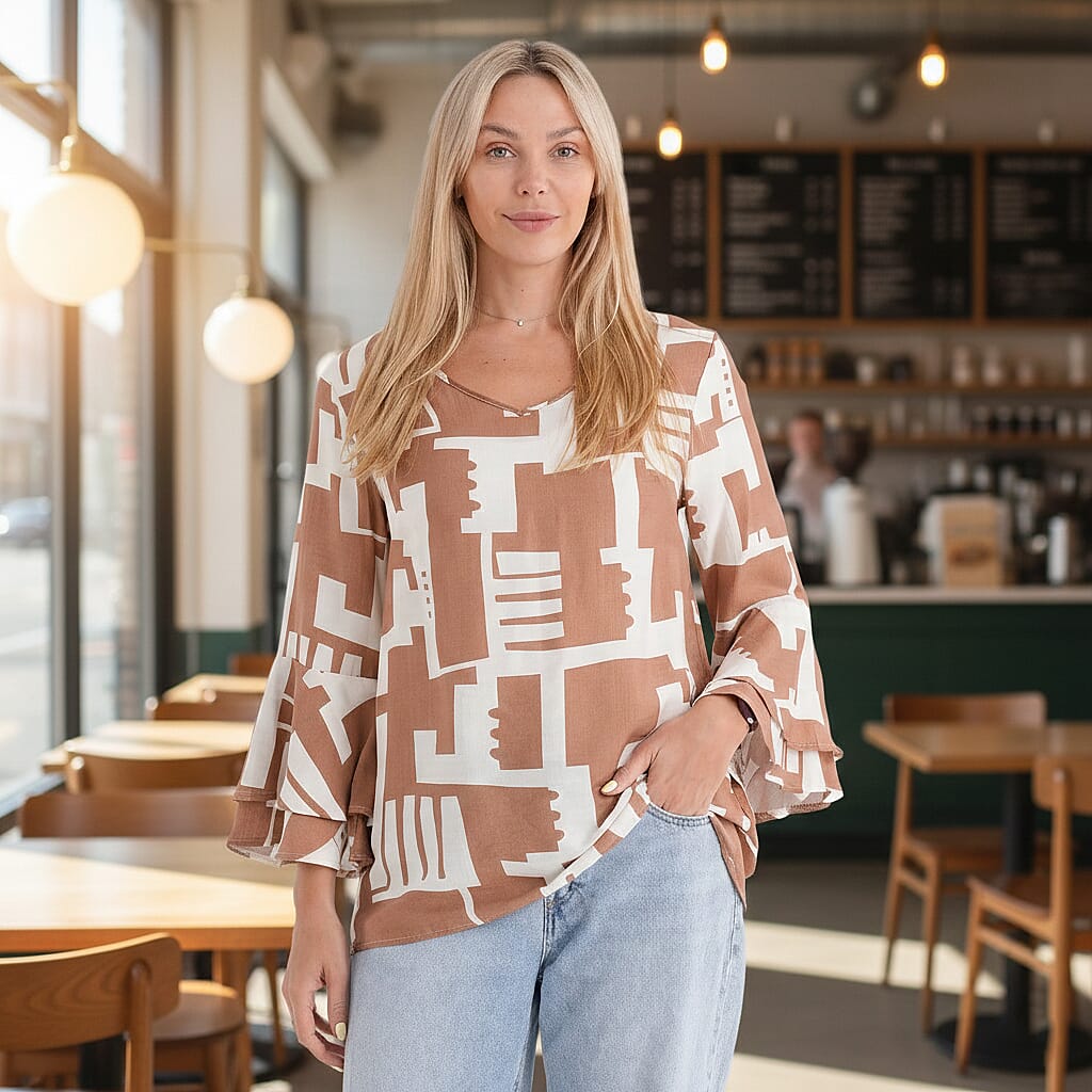 La Marey Round-Neck Flared Sleeve Printed Top (Size 20 to 22) - Light Brown &amp; White V32613755 2