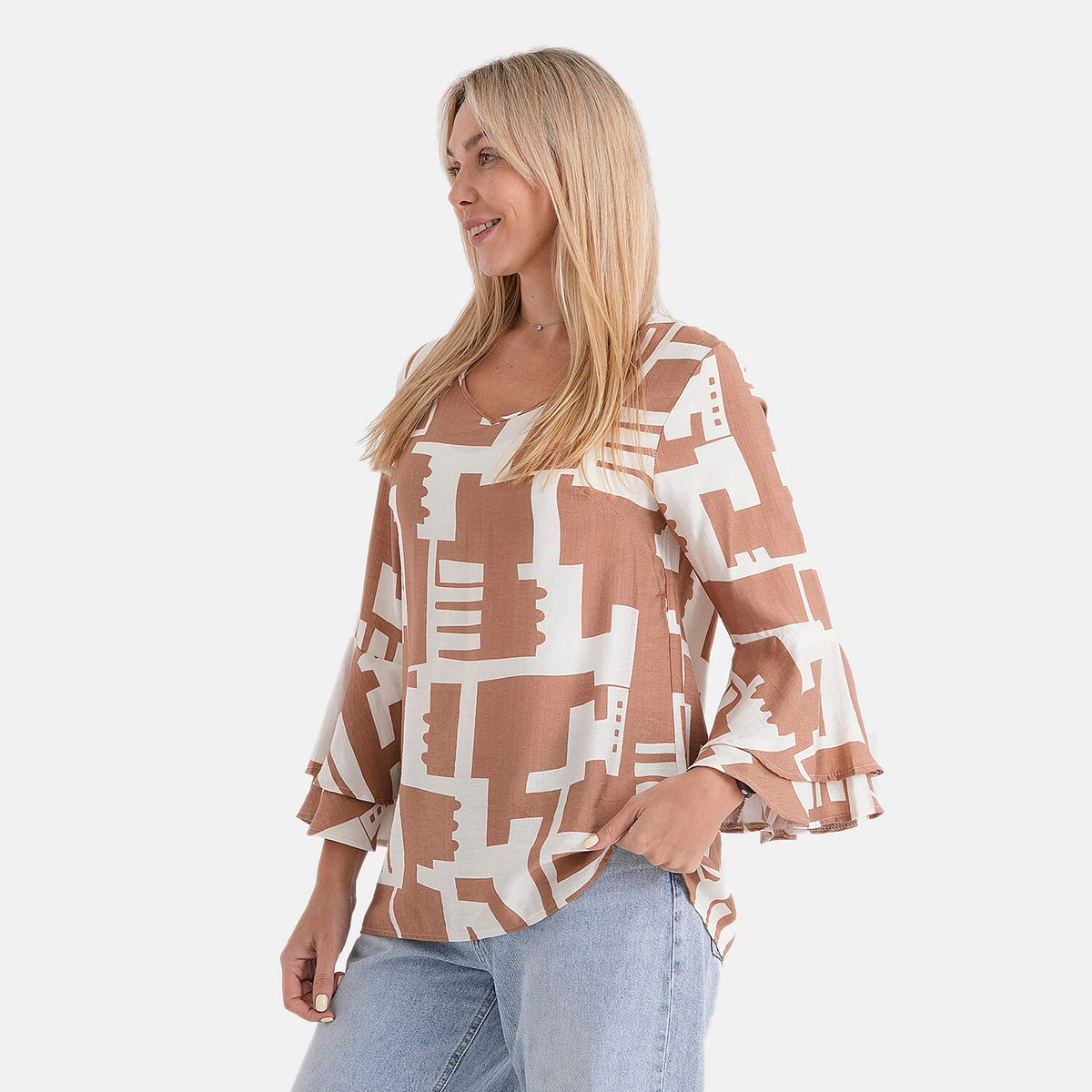 La Marey Round-Neck Flared Sleeve Printed Top (Size 20 to 22) - Light Brown &amp; White V32613755 4