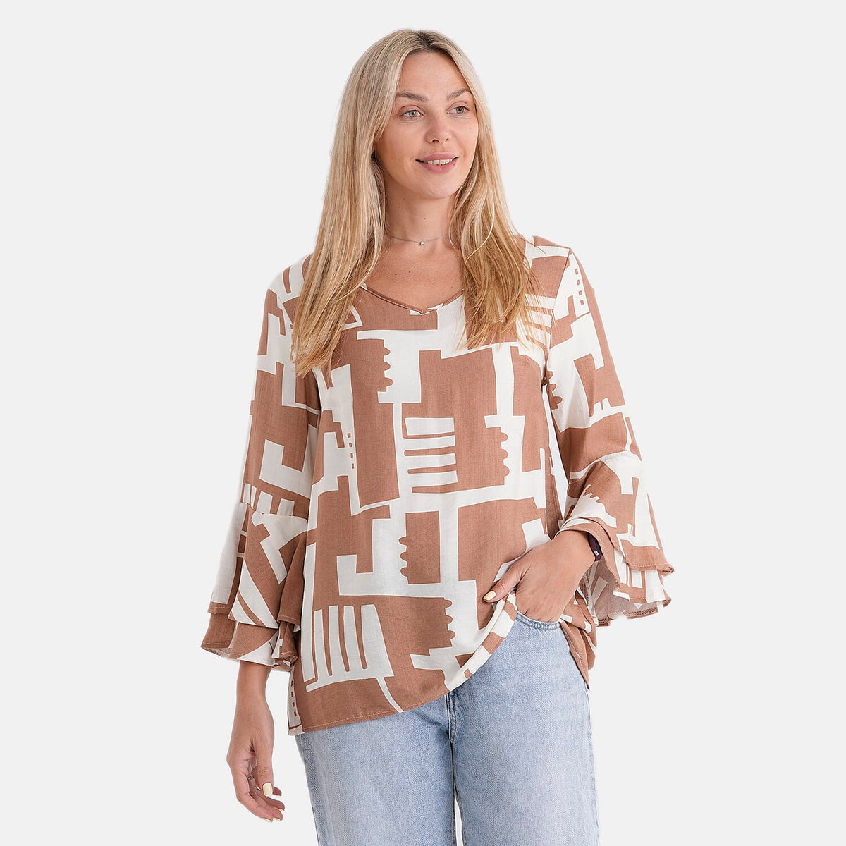 La Marey Round-Neck Flared Sleeve Printed Top (Size 20 to 22) - Light Brown &amp; White V32613755 5