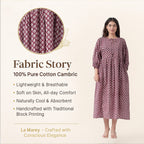 La Marey 100% Cotton Cambric Hand Block Printed Dress with Tie Closer (Size 16 to 18) - Burgundy