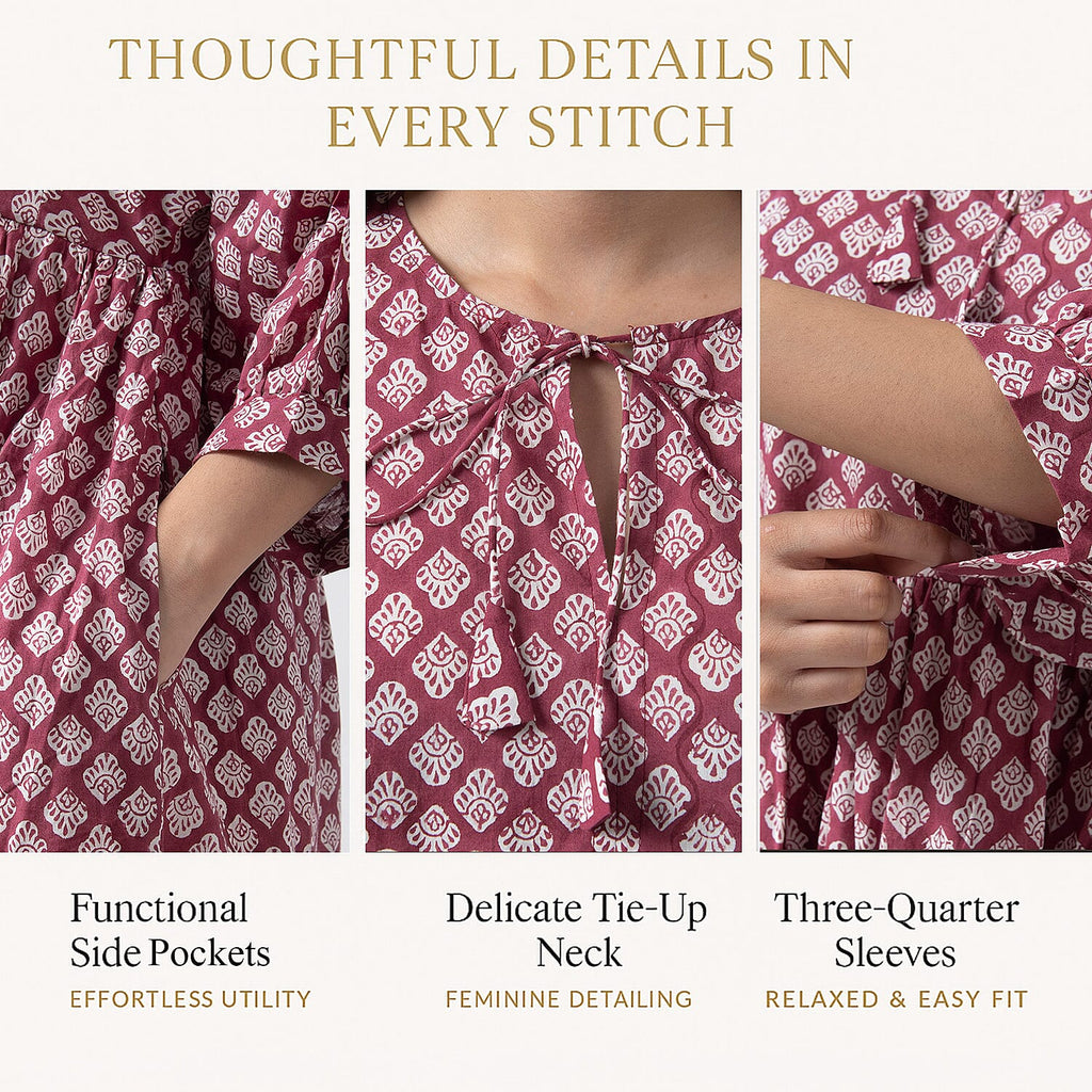 La Marey 100% Cotton Cambric Hand Block Printed Dress with Tie Closer (Size 16 to 18) - Burgundy