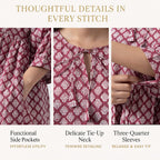 La Marey 100% Cotton Cambric Hand Block Printed Dress with Tie Closer (Size 16 to 18) - Burgundy