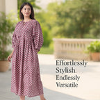 La Marey 100% Cotton Cambric Hand Block Printed Dress with Tie Closer (Size 16 to 18) - Burgundy