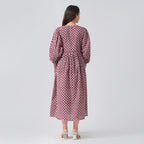 La Marey 100% Cotton Cambric Hand Block Printed Dress with Tie Closer (Size 16 to 18) - Burgundy