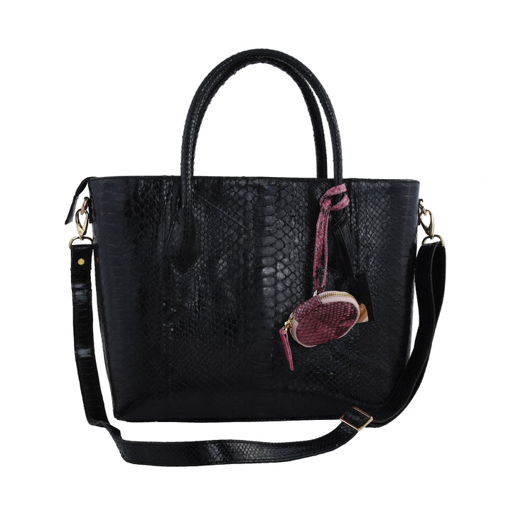 La Marey 100% Genuine Python Leather Tote Bag with Detachable Shoulder Strap - Black 7323928 1