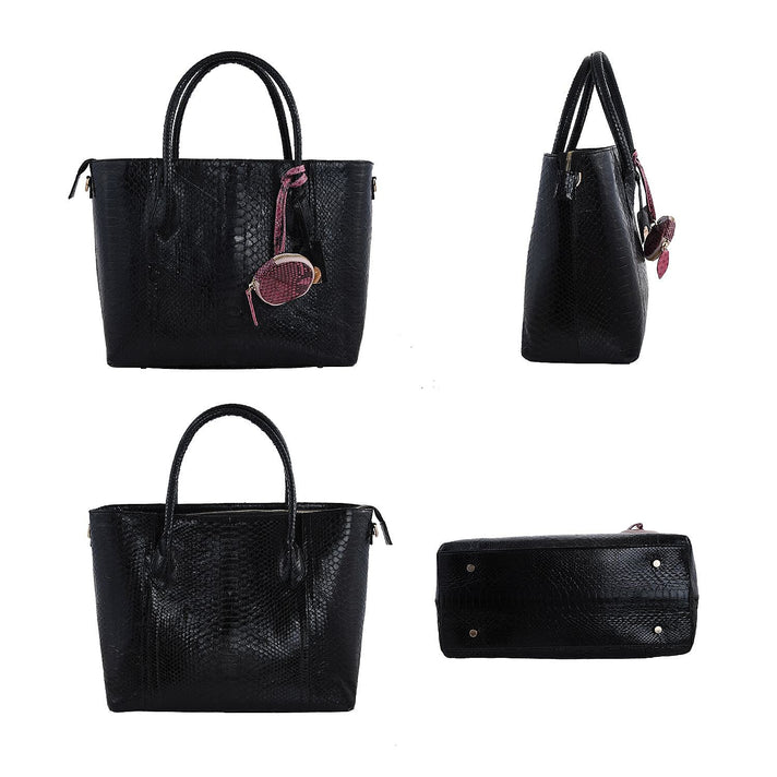 La Marey 100% Genuine Python Leather Tote Bag with Detachable Shoulder Strap - Black 7323928 2