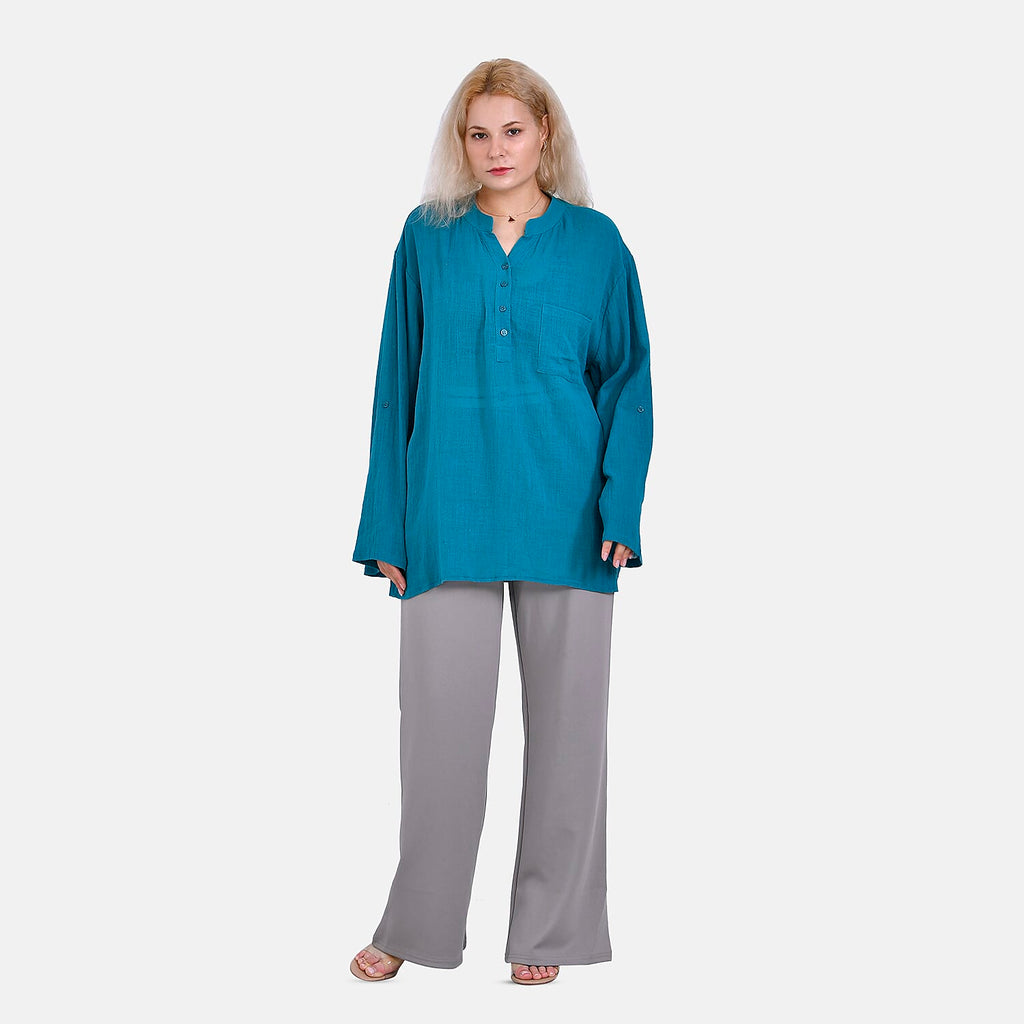 La Marey Cotton Blend 3-4 Sleeve Blouse (Size L) - Blue