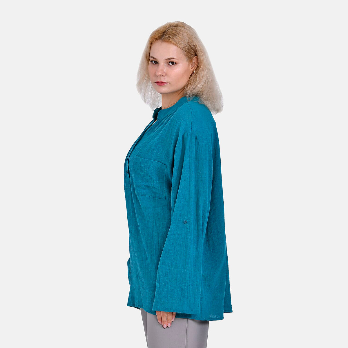 La Marey Cotton Blend 3/4 Sleeve Blouse (Size L) - Blue V32555079 3