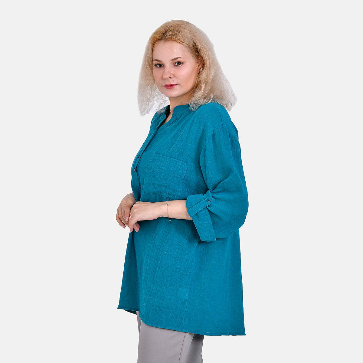 La Marey Cotton Blend 3/4 Sleeve Blouse (Size L) - Blue V32555079 4