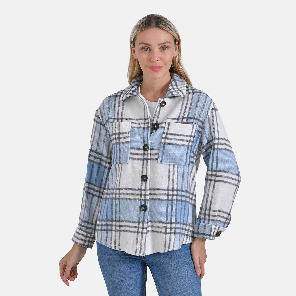 La Marey Brushed Checked Shirt-Coat - (Size 16-18) - Blue