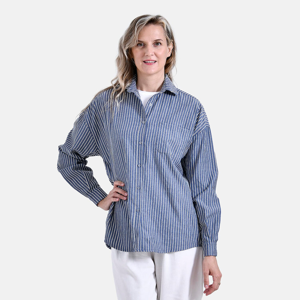 La Marey Striped Pattern Shirt (Size L, 16 to 18)- Grey - White