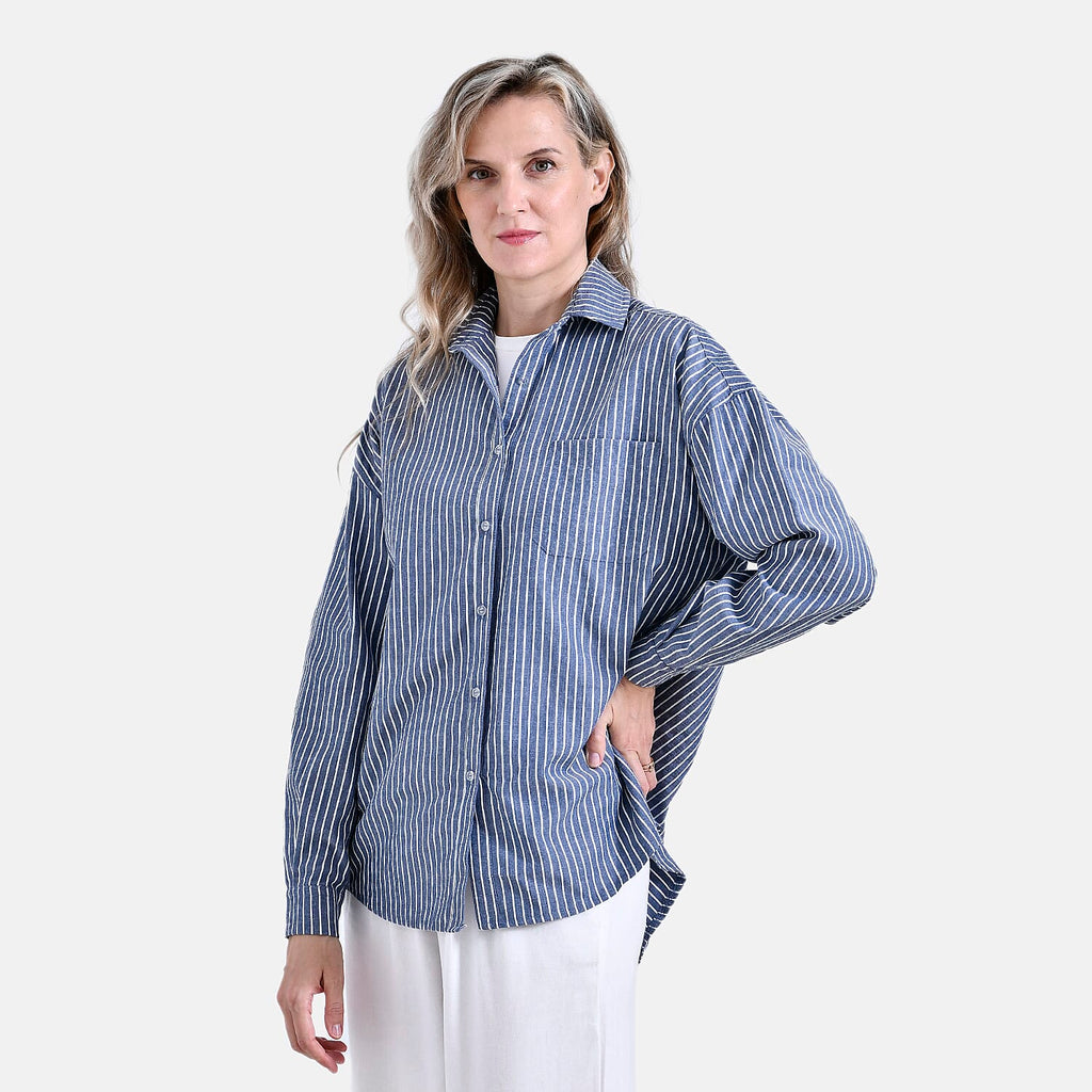 La Marey Striped Pattern Shirt (Size L, 16 to 18)- Grey - White