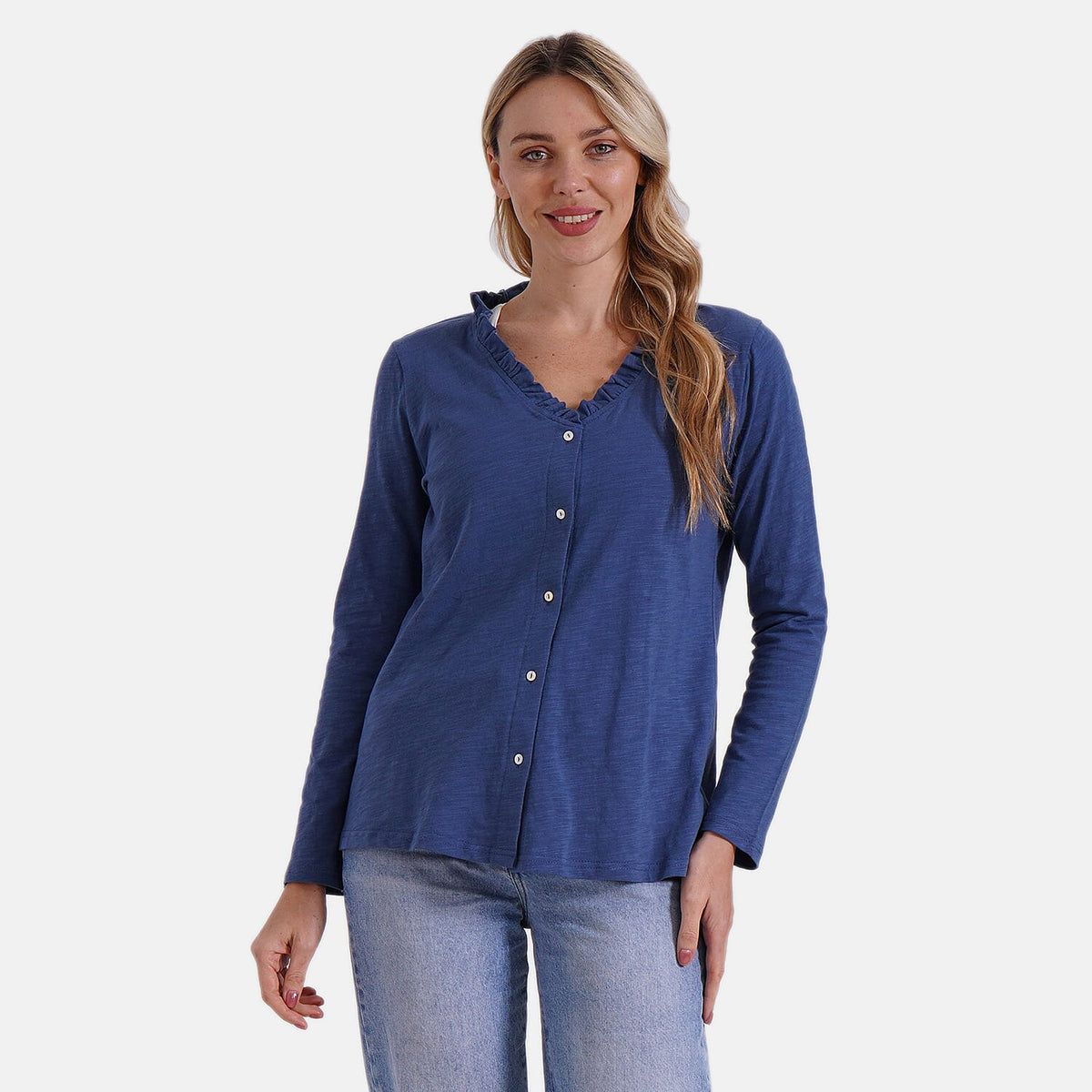 La Marey 100% Cotton Long Sleeve Shirt with Ruffled V-Neck (Size 16 to 18) - Navy V32593494 0