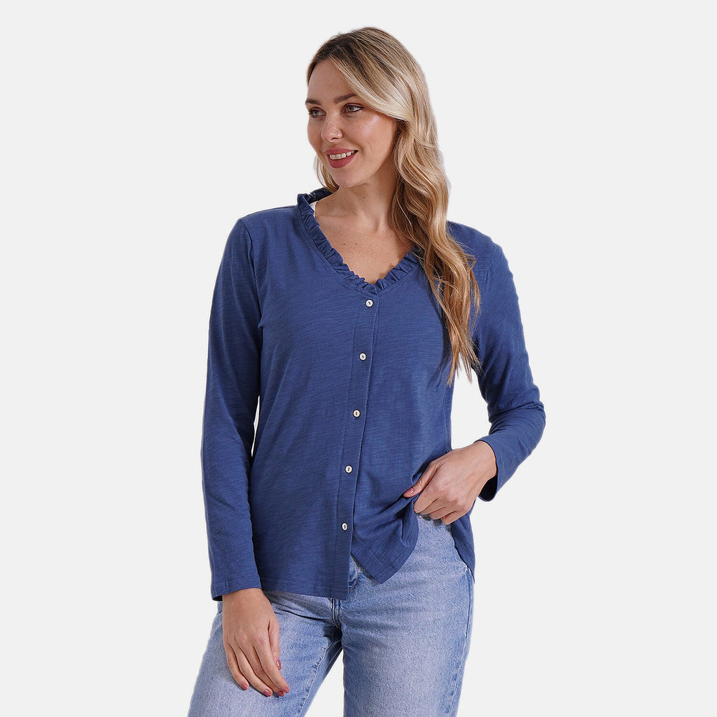 La Marey 100% Cotton Long Sleeve Shirt with Ruffled V-Neck (Size 16 to 18) - Navy