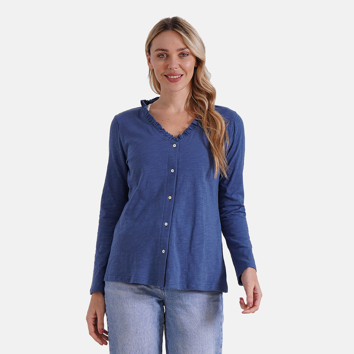 La Marey 100% Cotton Long Sleeve Shirt with Ruffled V-Neck (Size 16 to 18) - Navy V32593494 4