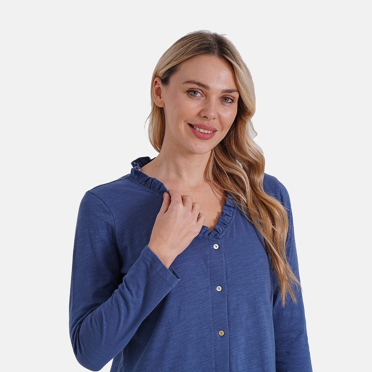 La Marey 100% Cotton Long Sleeve Shirt with Ruffled V-Neck (Size 16 to 18) - Navy V32593494 5