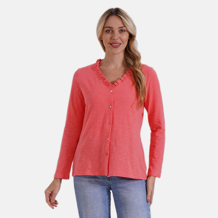 La Marey 100% Cotton Long Sleeve Shirt with Ruffled V-Neck (Size 16 to 18) - Orange 7976785 1