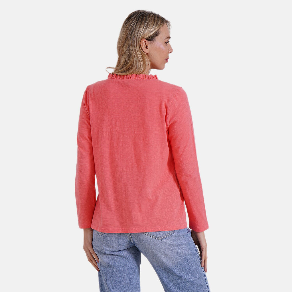 La Marey 100% Cotton Long Sleeve Shirt with Ruffled V-Neck (Size 12 to 14) - Orange