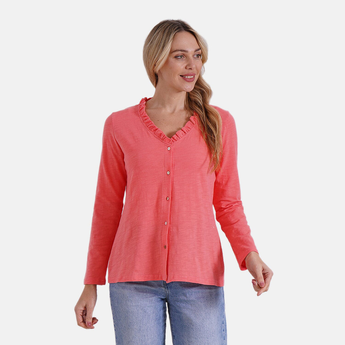 La Marey 100% Cotton Long Sleeve Shirt with Ruffled V-Neck (Size 12 to 14) - Orange V32663017 3