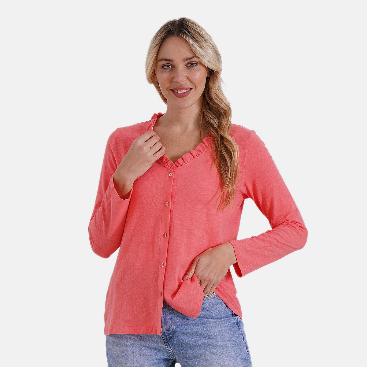La Marey 100% Cotton Long Sleeve Shirt with Ruffled V-Neck (Size 12 to 14) - Orange V32663017 4