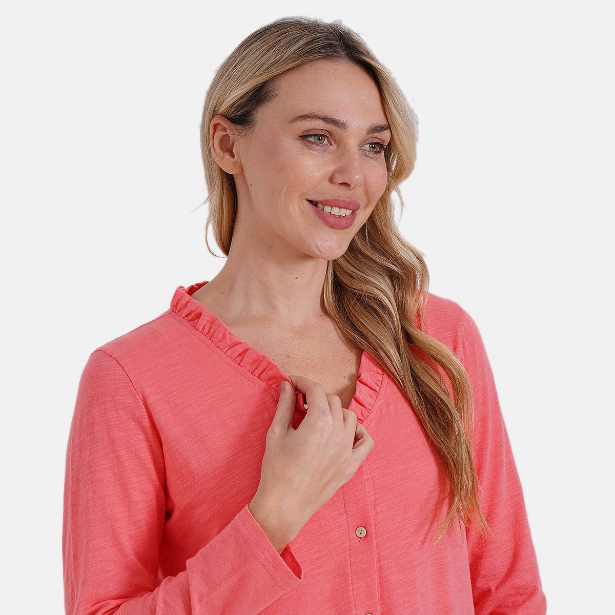 La Marey 100% Cotton Long Sleeve Shirt with Ruffled V-Neck (Size 12 to 14) - Orange V32663017 5