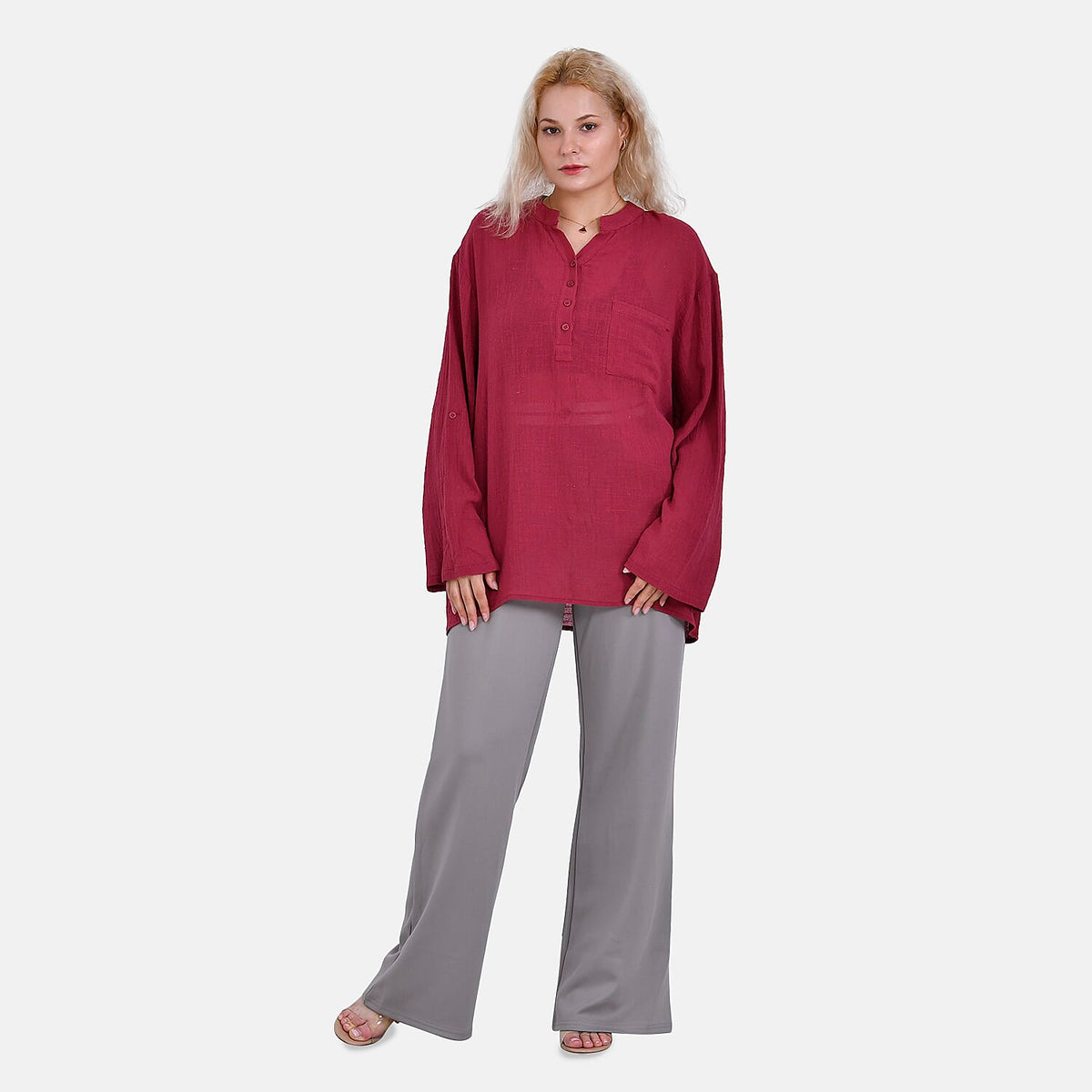 La Marey Cotton Blend 3/4 Sleeve Shirt (Size L) - Red V32698618 0