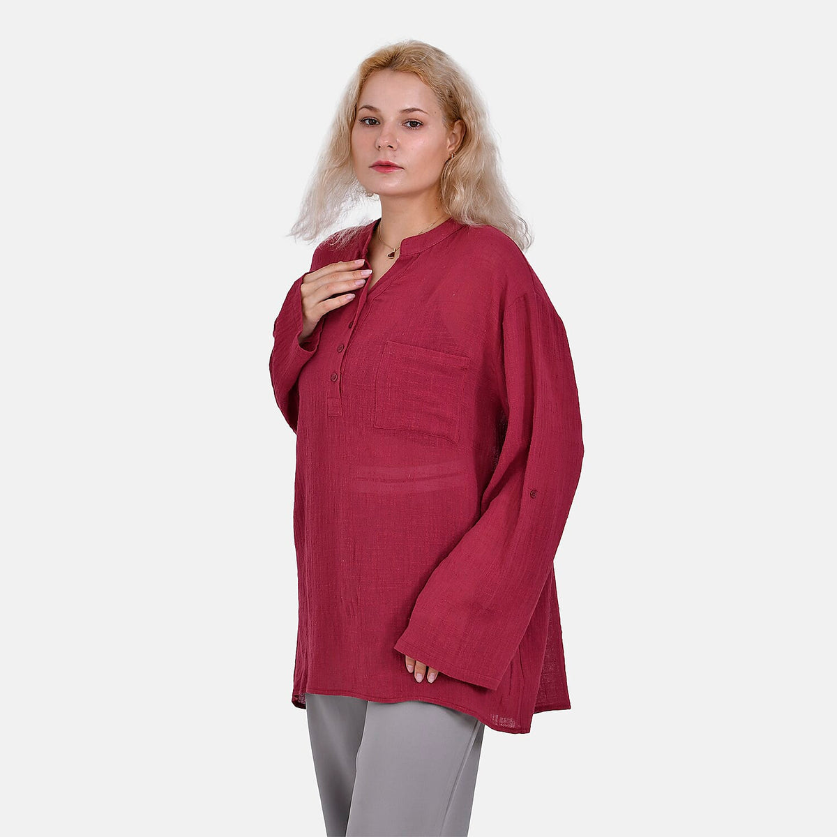 La Marey Cotton Blend 3/4 Sleeve Shirt (Size L) - Red V32698618 3