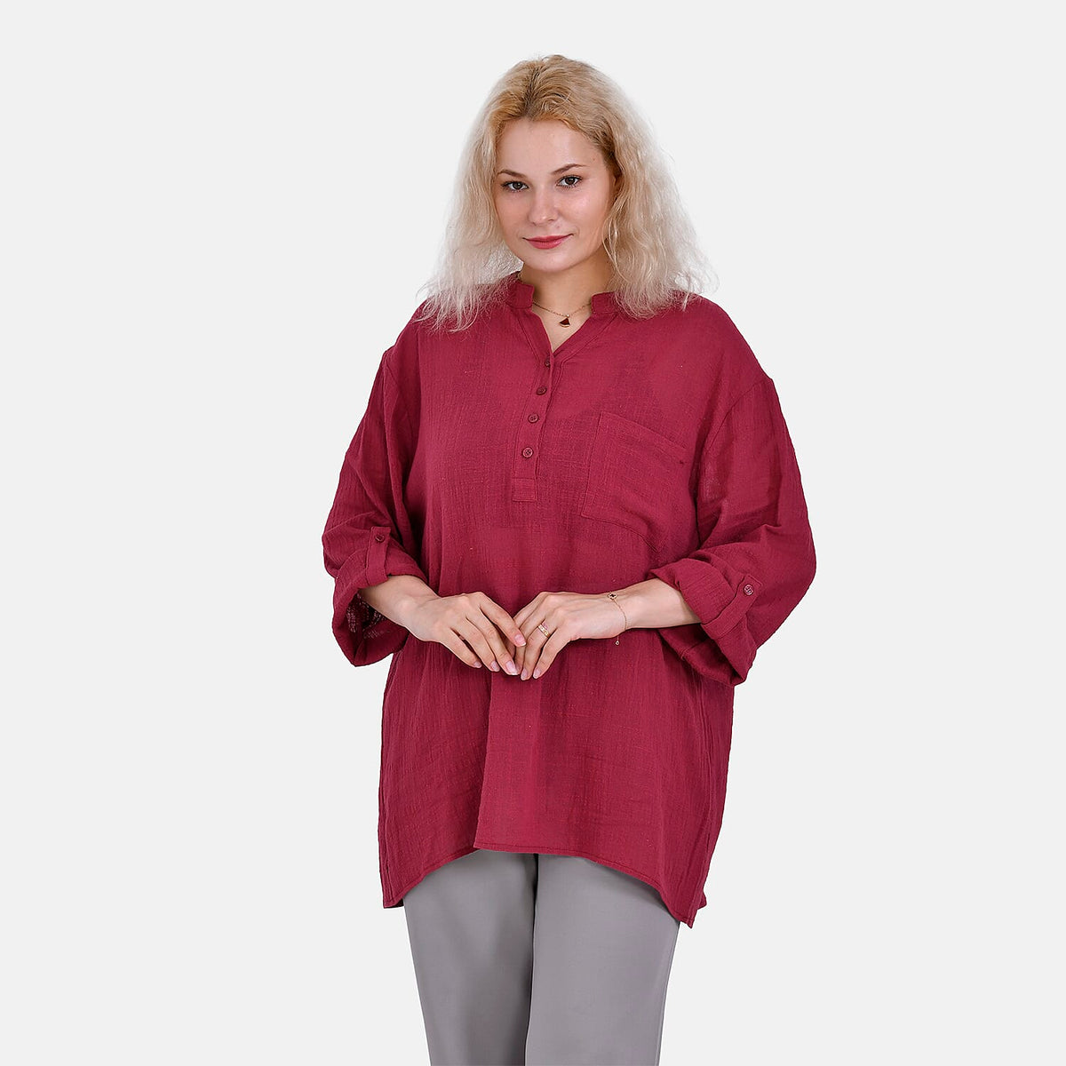 La Marey Cotton Blend 3/4 Sleeve Shirt (Size L) - Red V32698618 5