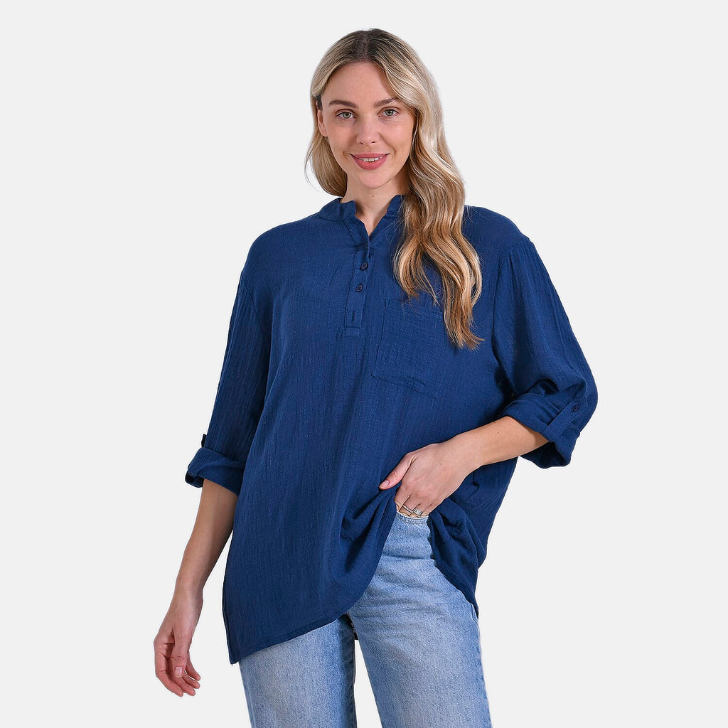 La Marey Cotton Blend 3-4 Sleeve Casual Style Blouse (Size - L) - Navy