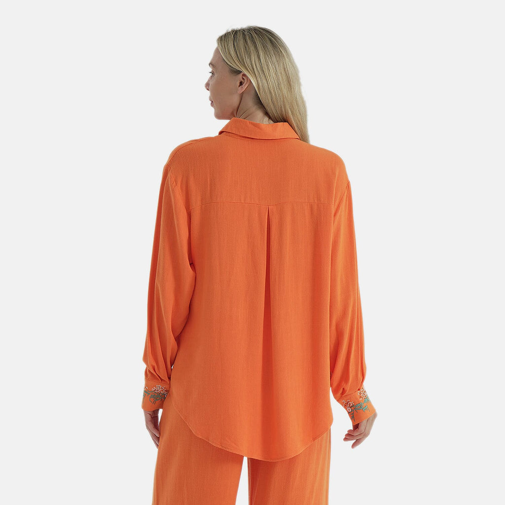 La Marey Linen Blend Embroidered Relaxed Fit Shirt (Size L) - Orange