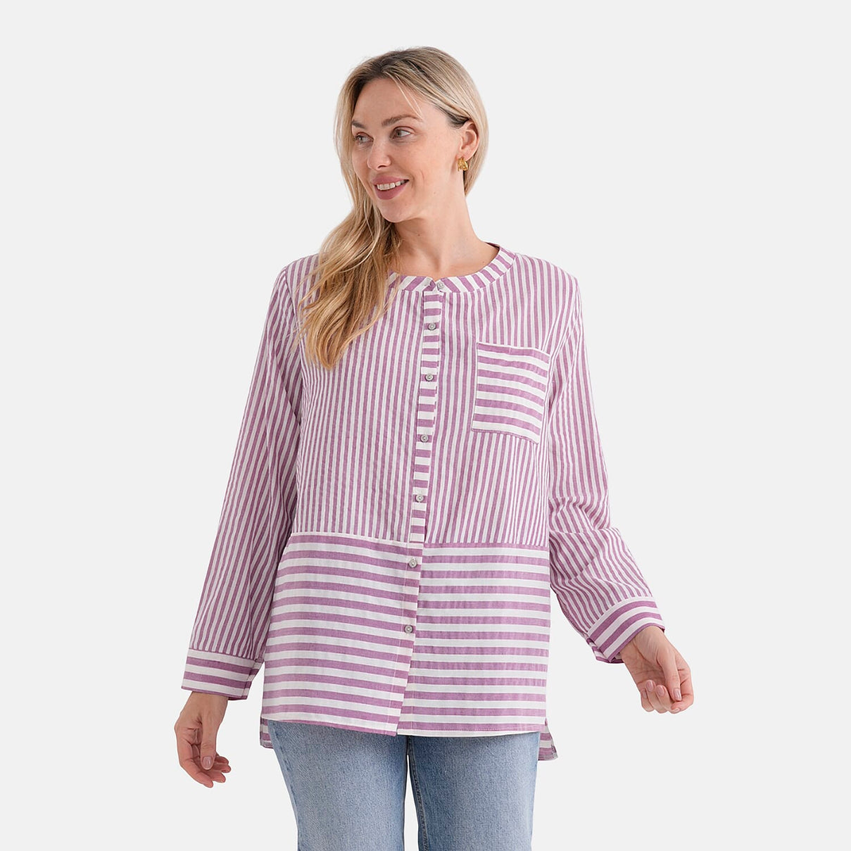La Marey Cotton Blend Striped Shirt (Size 16 to 18) - Purple &amp; Off-White 8432022 0