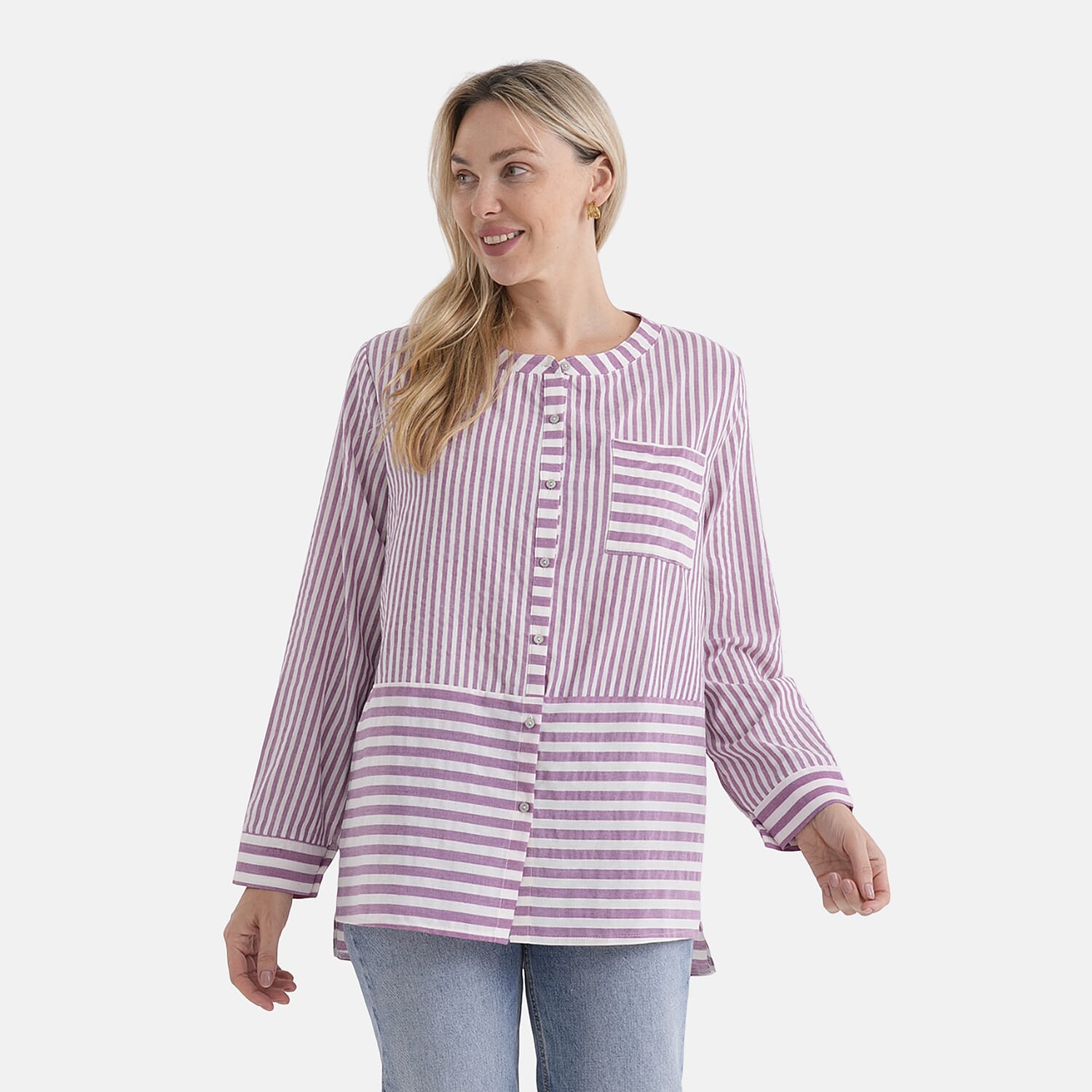 La Marey Cotton Blend Striped Shirt (Size 16 to 18) - Purple &amp; Off-White 8432022 0