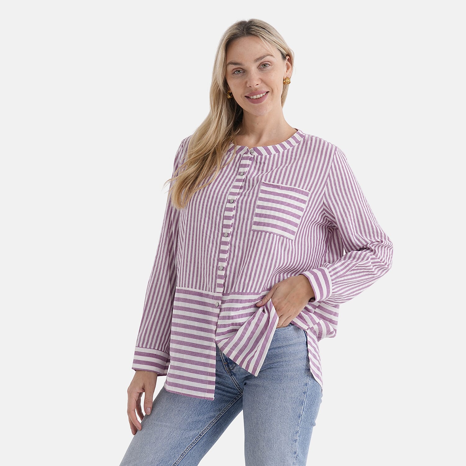 La Marey Cotton Blend Striped Shirt (Size 16 to 18) - Purple &amp; Off-White 8432022 4