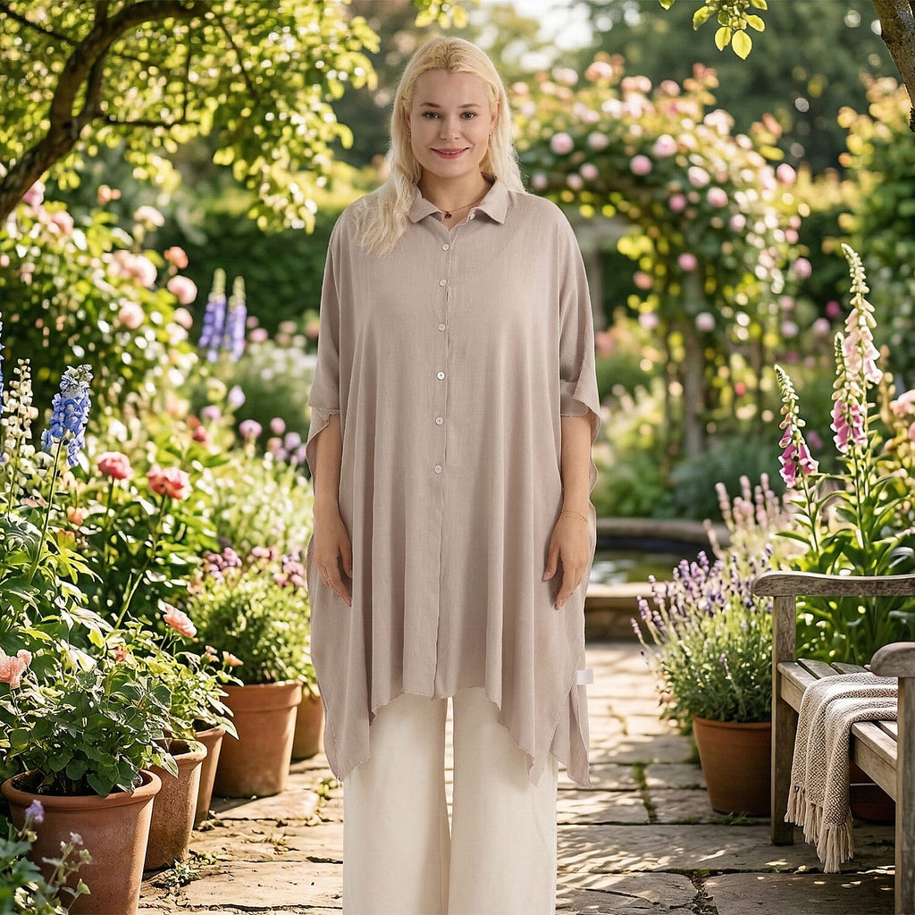 La Marey Kaftan-Style Longline Shirt (One Size) - Beige