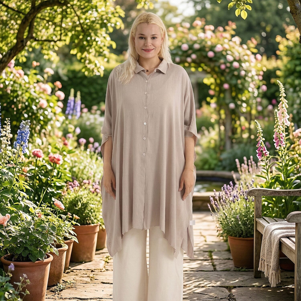 La Marey Kaftan-Style Longline Shirt (One Size) - Beige 8417104 2