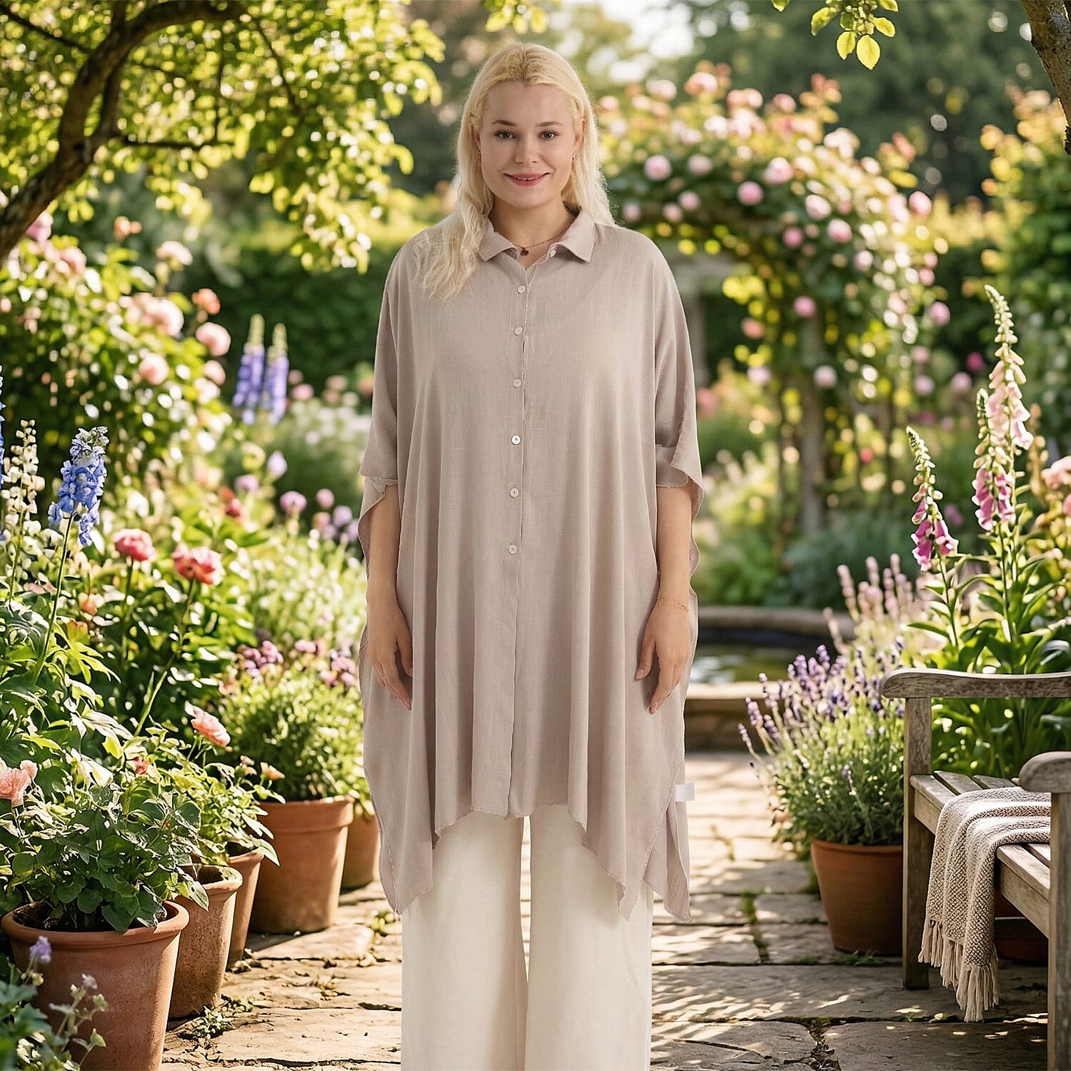 La Marey Kaftan-Style Longline Shirt (One Size) - Beige 8417104 2