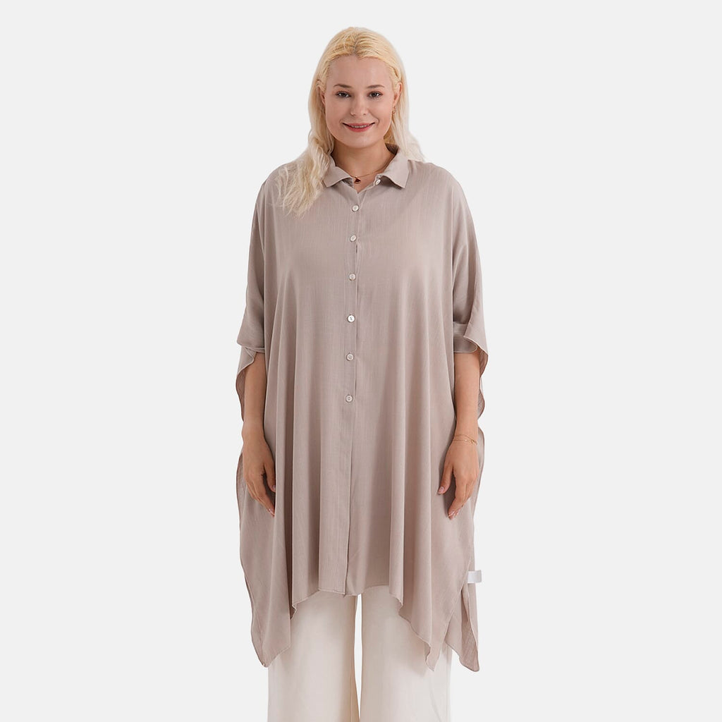 La Marey Kaftan-Style Longline Shirt (One Size) - Beige